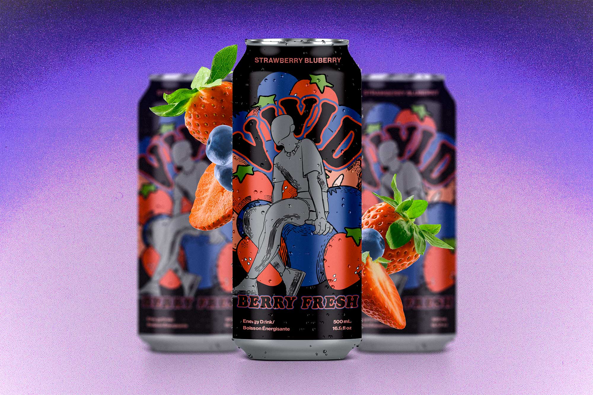 Berry fresh packaging for Vivid with two blurred cans side of each other