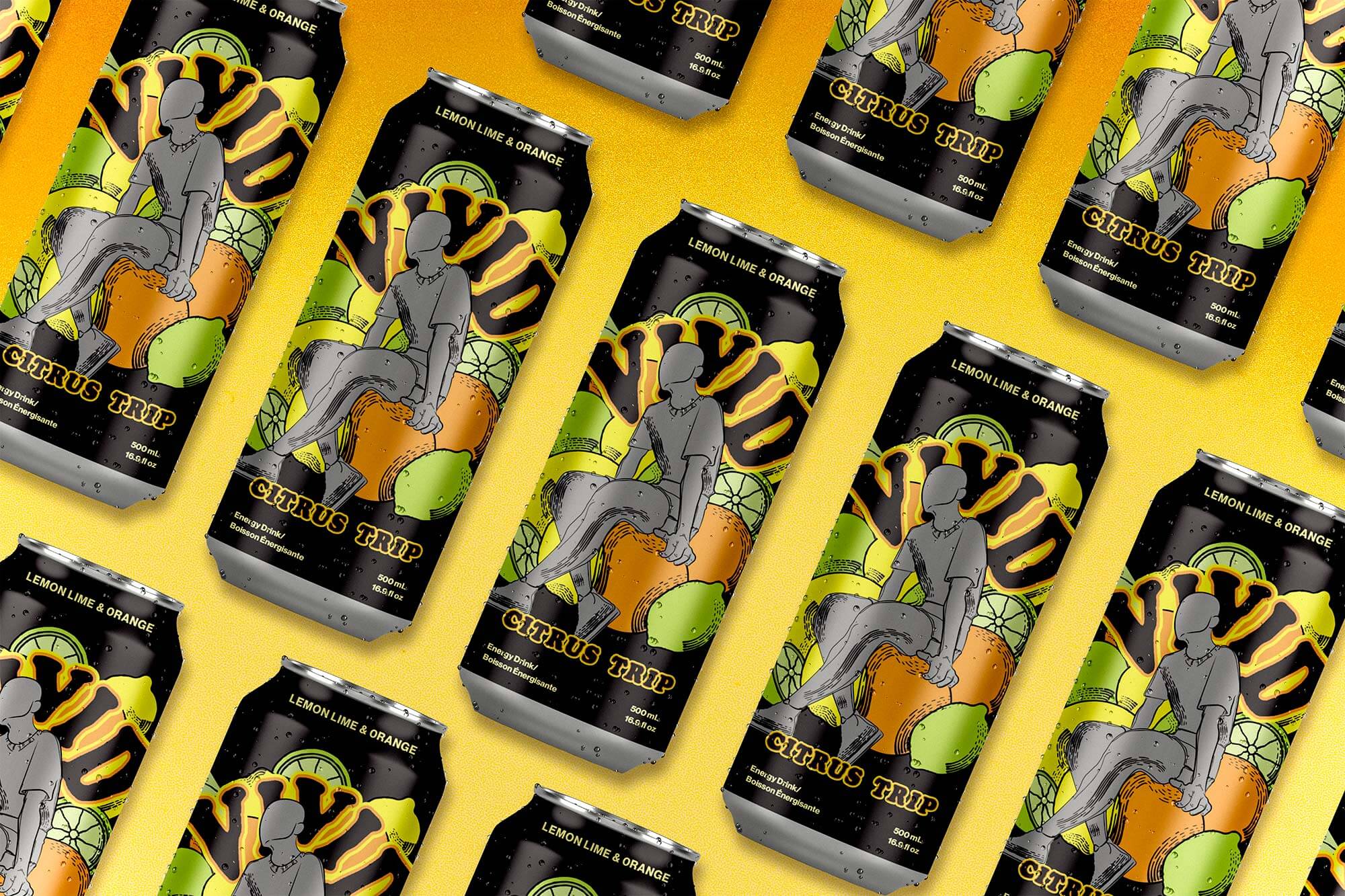 Vivids citrus cans displayed parallel to each other on a gradient orange bacgkround