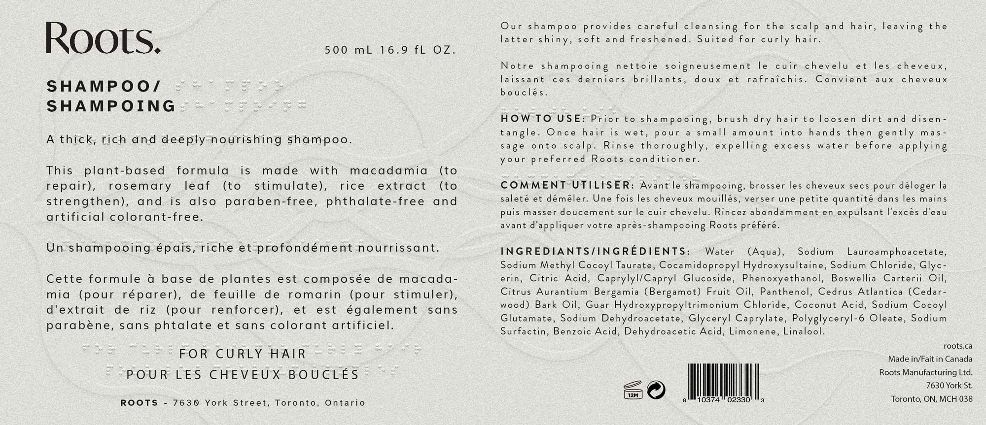 Front label for Roots shampoo