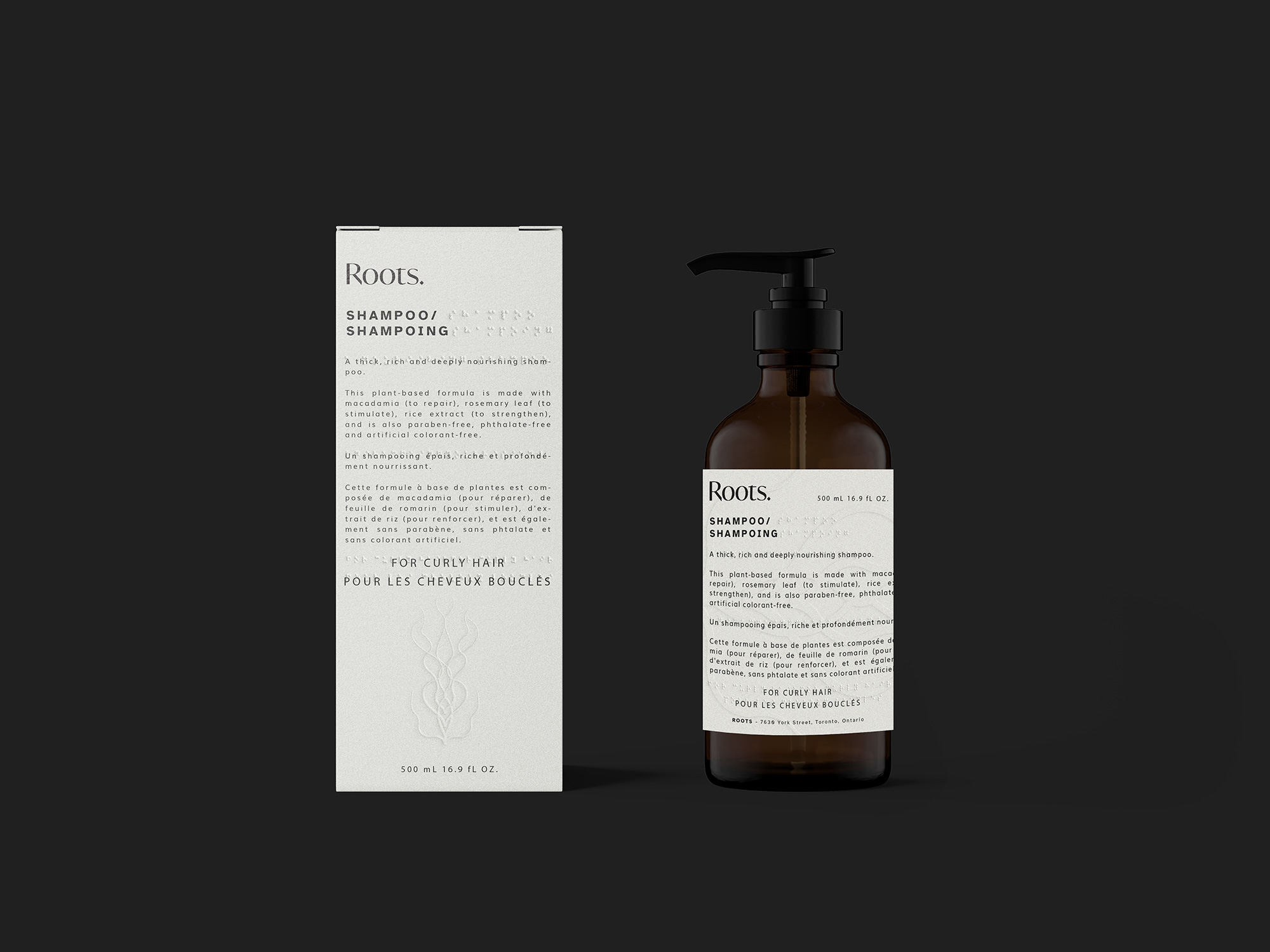 Roots bottle and box packaging for shampoo placed on a light black background