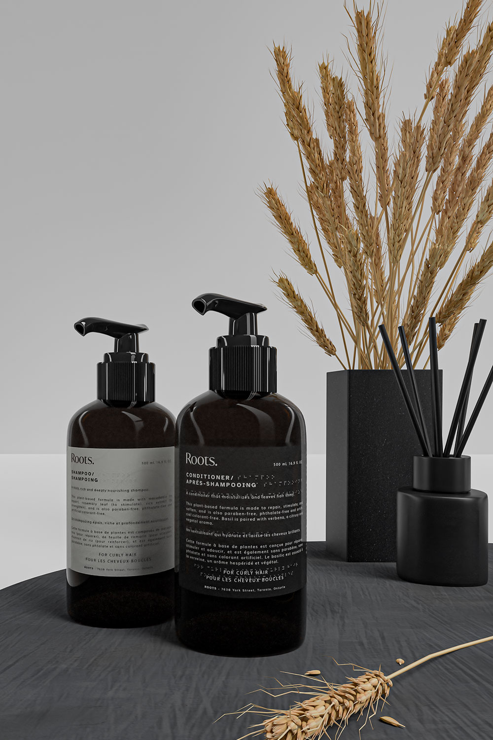 Roots display bottle, front of packaging