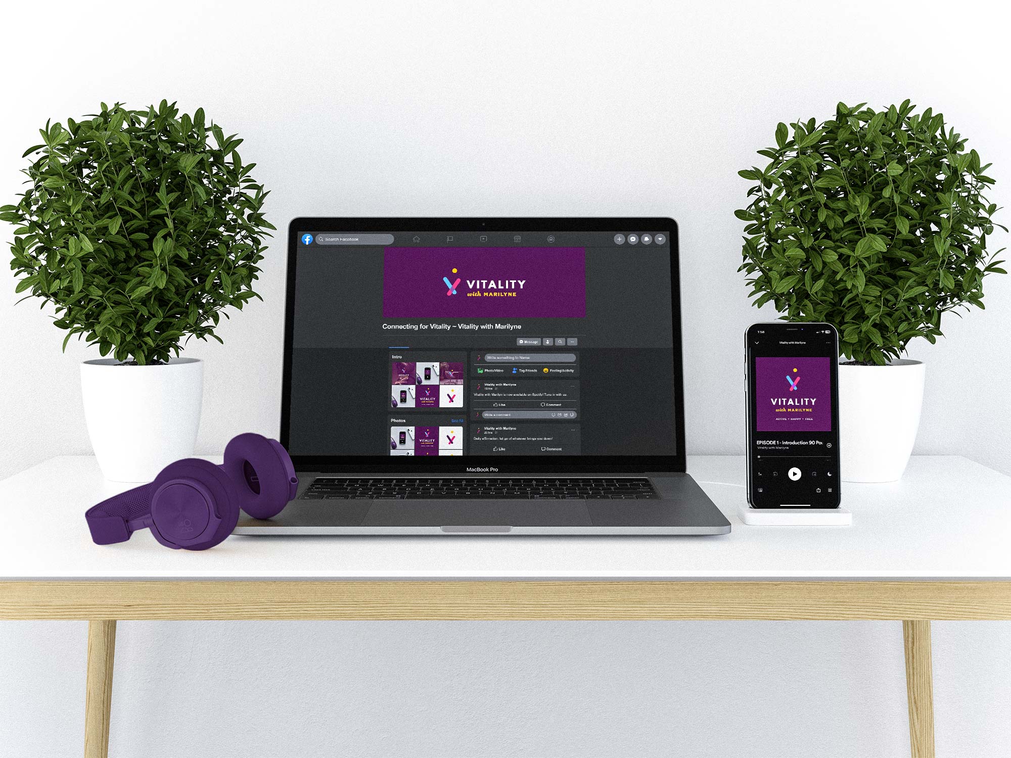 Vitality podcast Spotify screen displayed on phone and Vitality facebook paged displayed on laptop