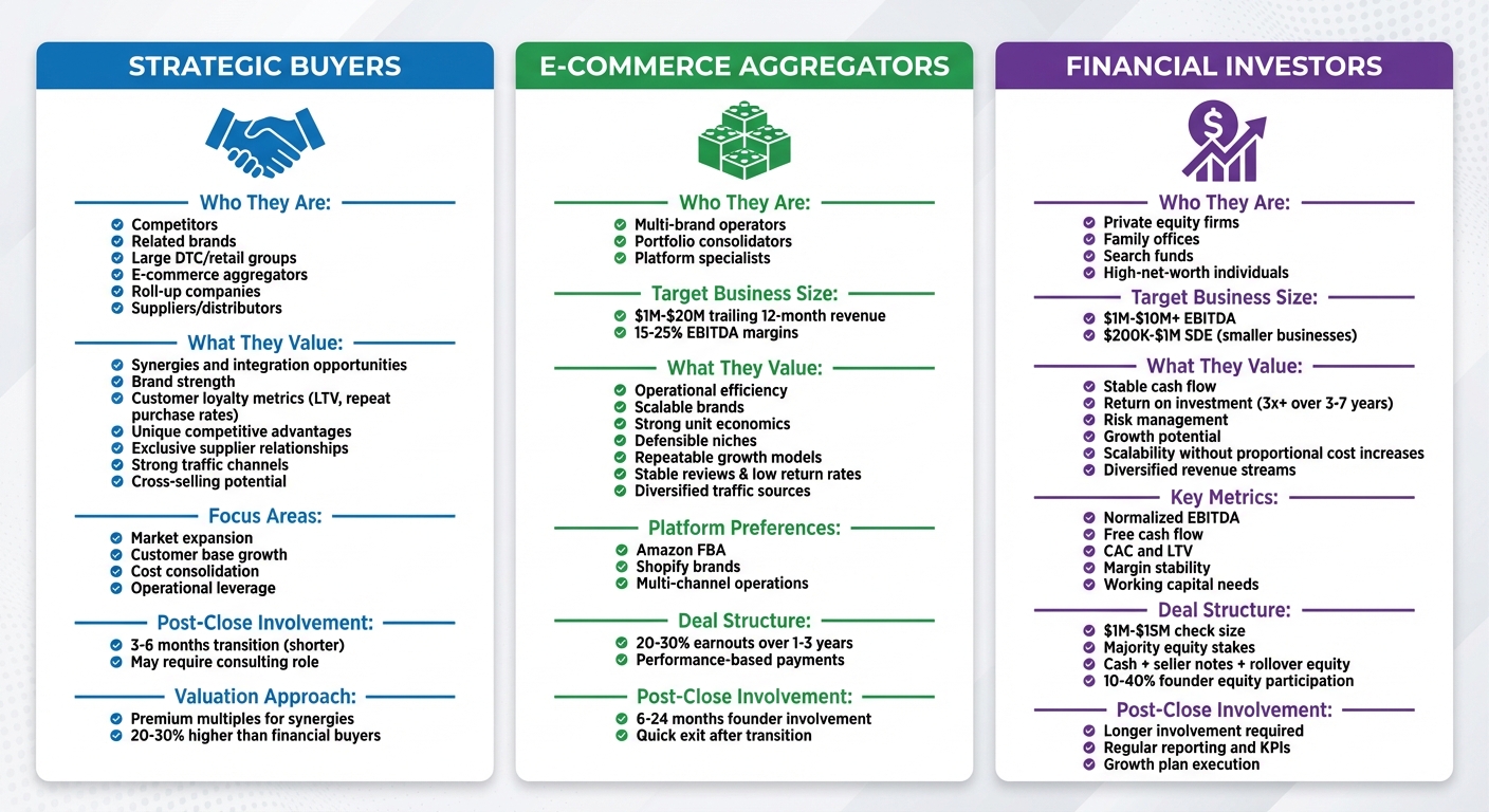 Three Types of E-commerce Buyers: Strategic vs Aggregator vs Financial Investor Comparison