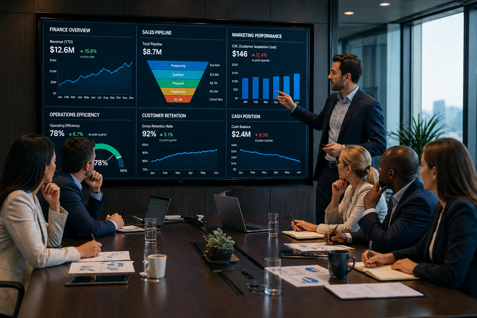 The CMO shares a KPI presentation with fellow leaders, illustrating how multiple KPIs can cause confusion and lack of clarity about the true goals of the organization.