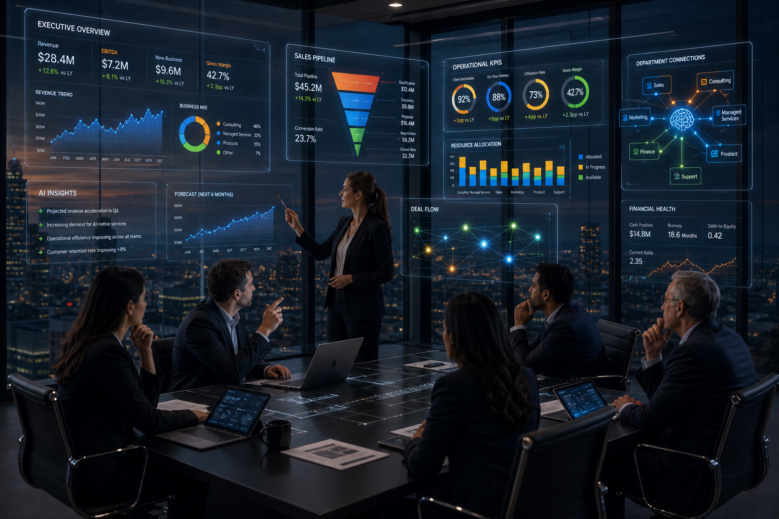 A Corporate strategy meeting in a modern boardroom surrounded by integrated data collected by AI tools.