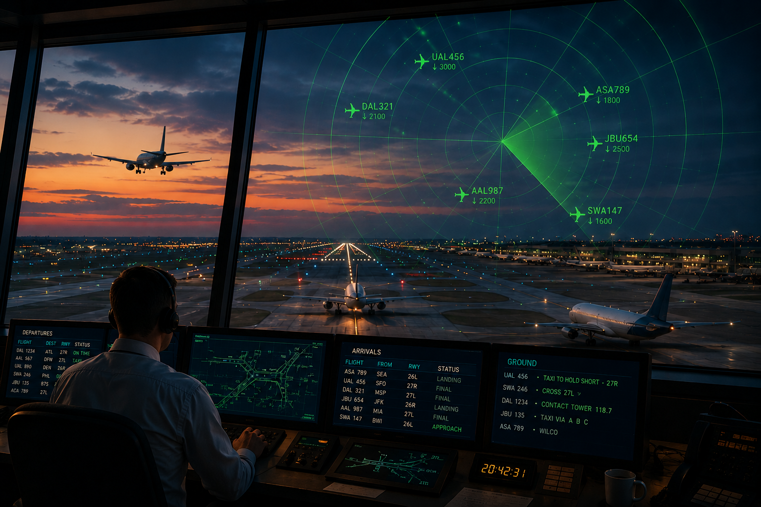 An air traffic controller sits at the panel of his control tower, guiding planes safely, much like the owner of the company can do with the right visibility.