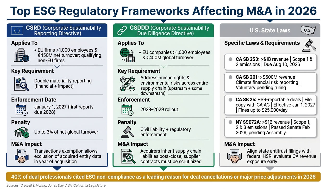 Top ESG Regulatory Frameworks for M&A in 2026: CSRD vs CSDDD vs U.S. State Laws