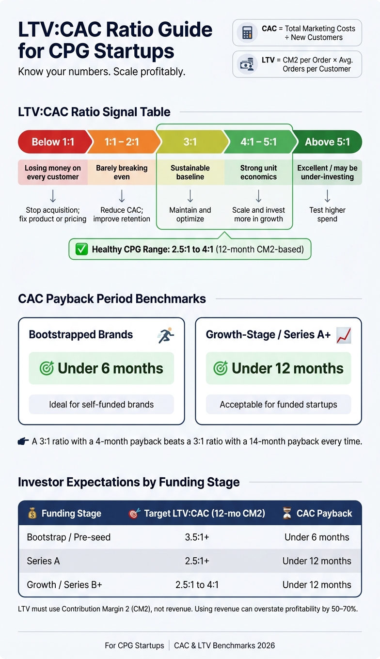 LTV:CAC Ratio Guide for CPG Startups: Benchmarks & Actions