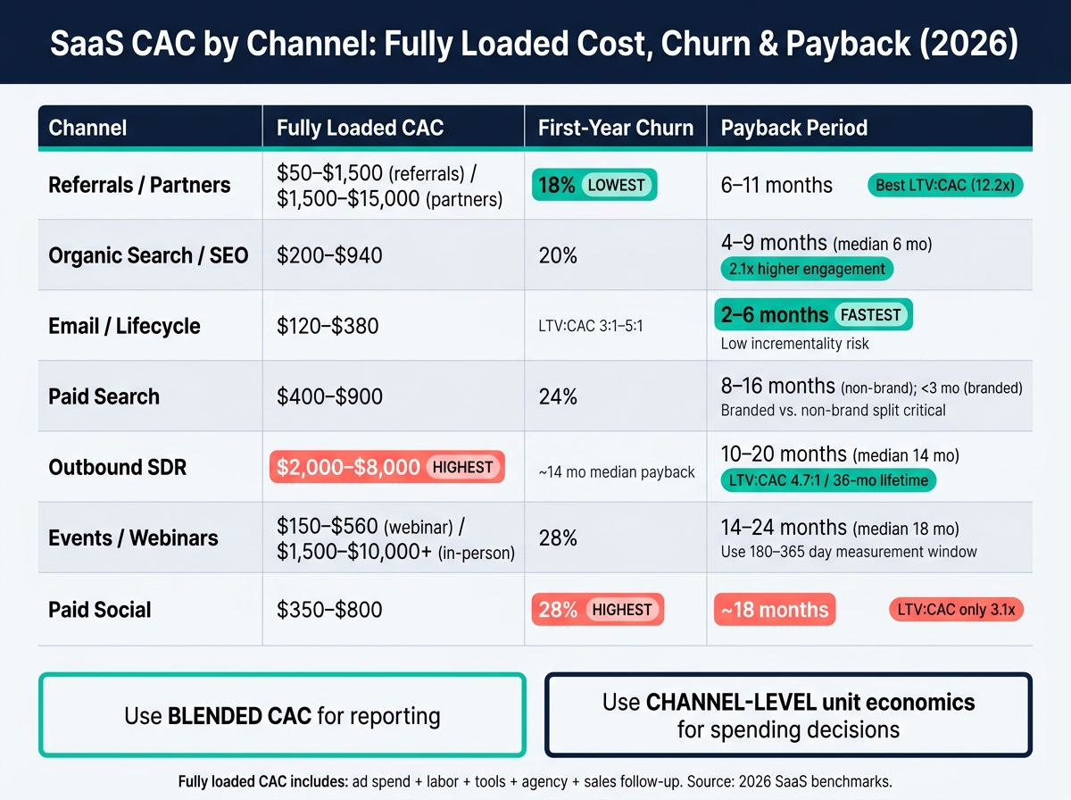 SaaS CAC by Channel: Fully Loaded Cost, Churn & Payback Compared