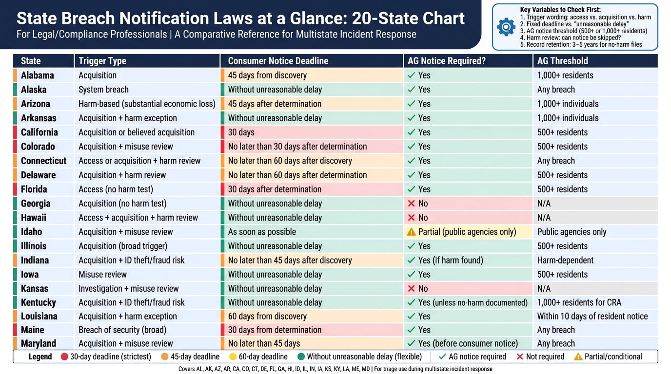 State Data Breach Notification Laws: 20-State Quick Reference Chart