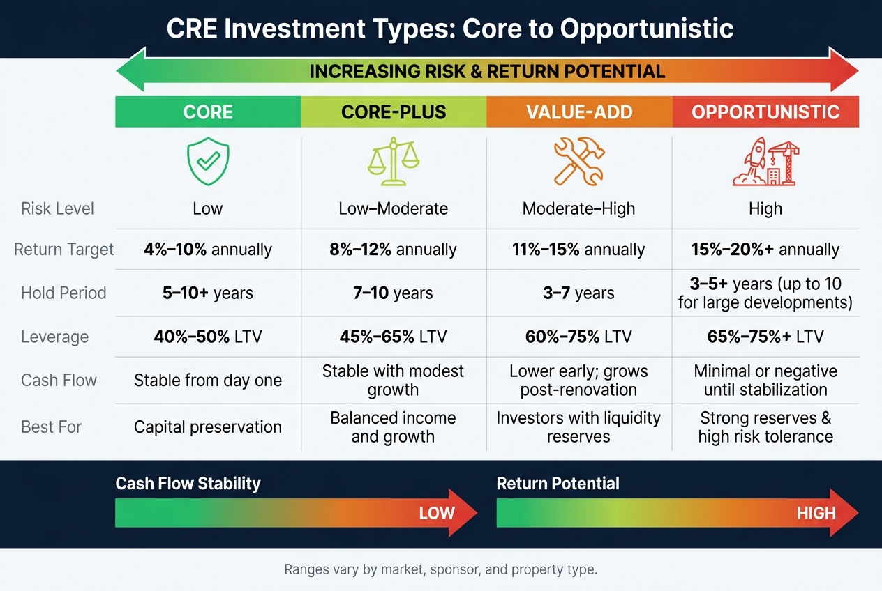 CRE Investment Types: Core to Opportunistic Risk-Return Spectrum