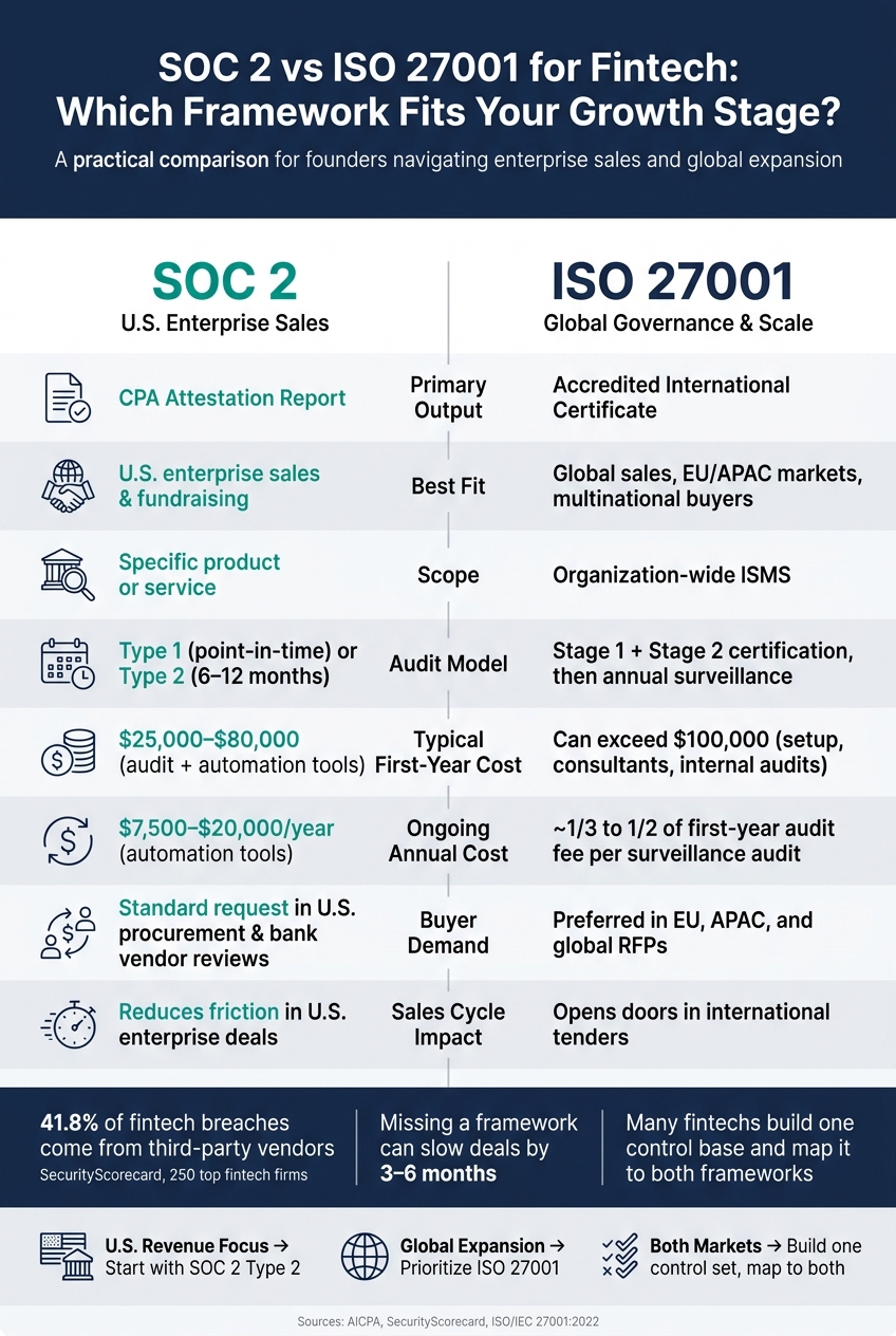 SOC 2 vs ISO 27001 for Fintech: Side-by-Side Comparison