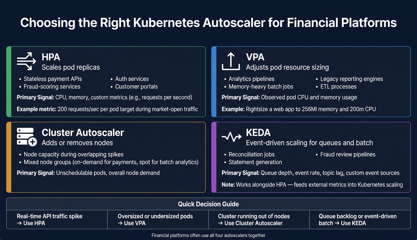 Kubernetes Autoscalers for Financial Platforms: HPA vs VPA vs KEDA vs Cluster Autoscaler