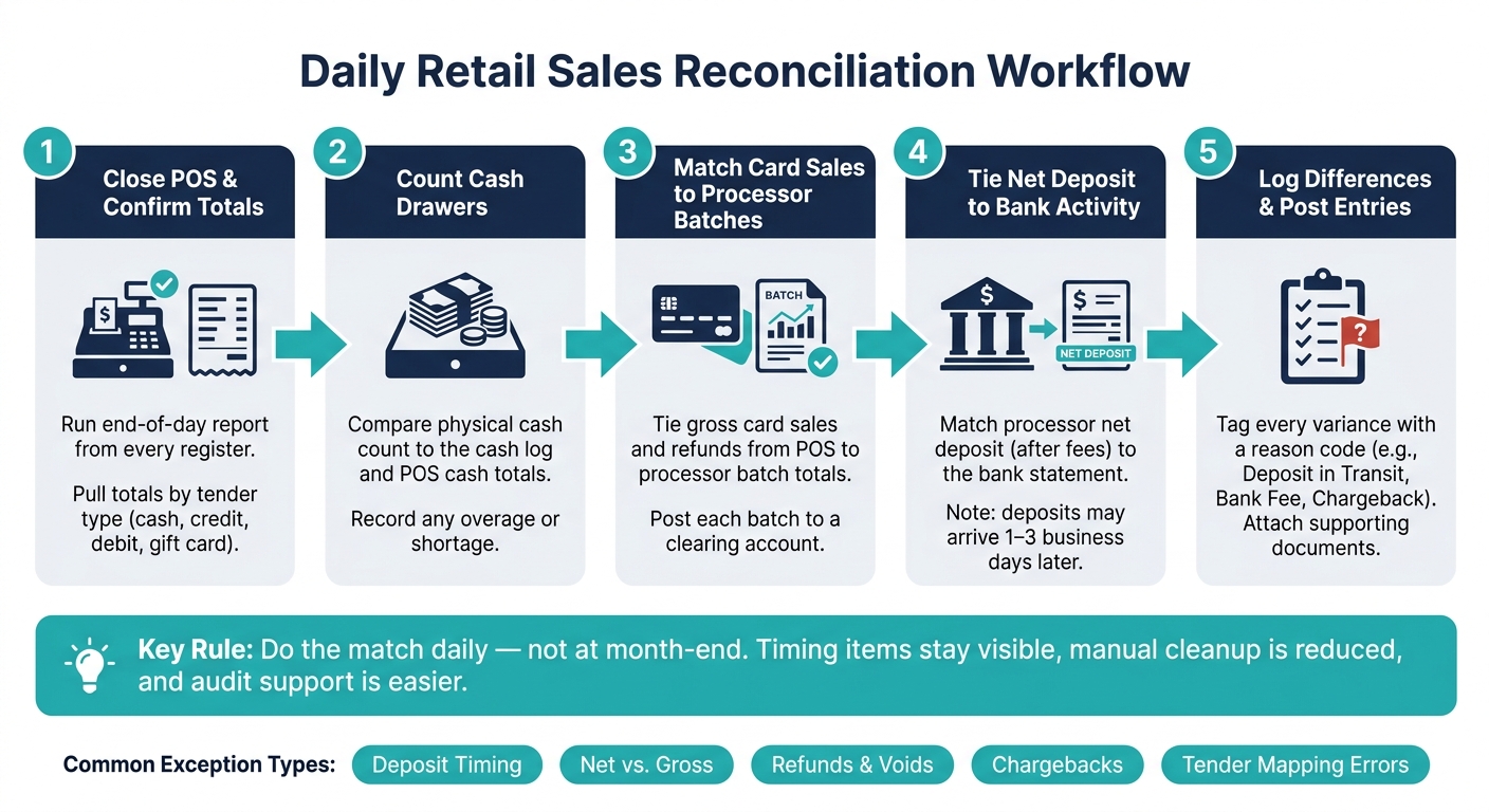 Daily Retail Sales Reconciliation Workflow: 5-Step POS Close Process