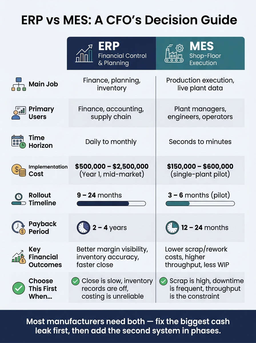 ERP vs MES: Cost, Timeline & ROI Comparison for Manufacturers