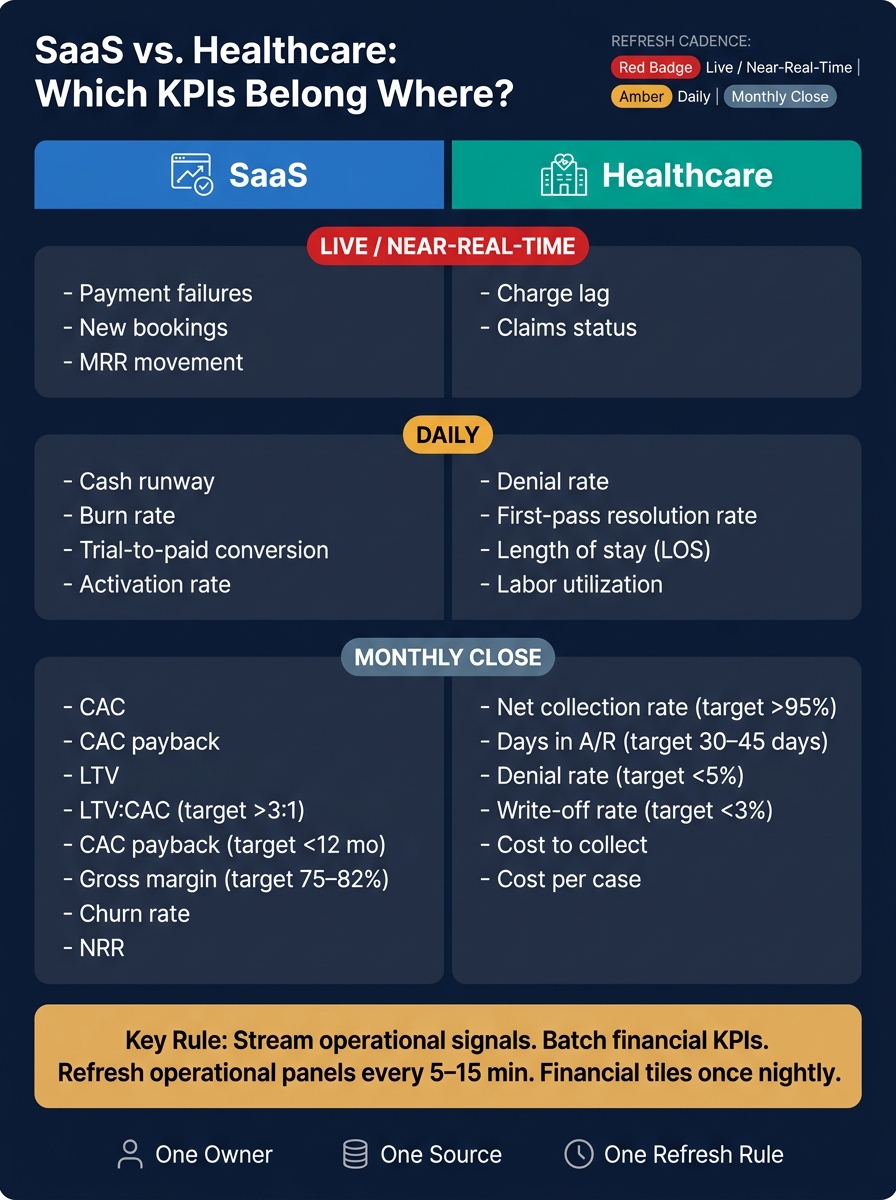 SaaS vs. Healthcare KPI Dashboard: Live, Daily & Monthly Metrics