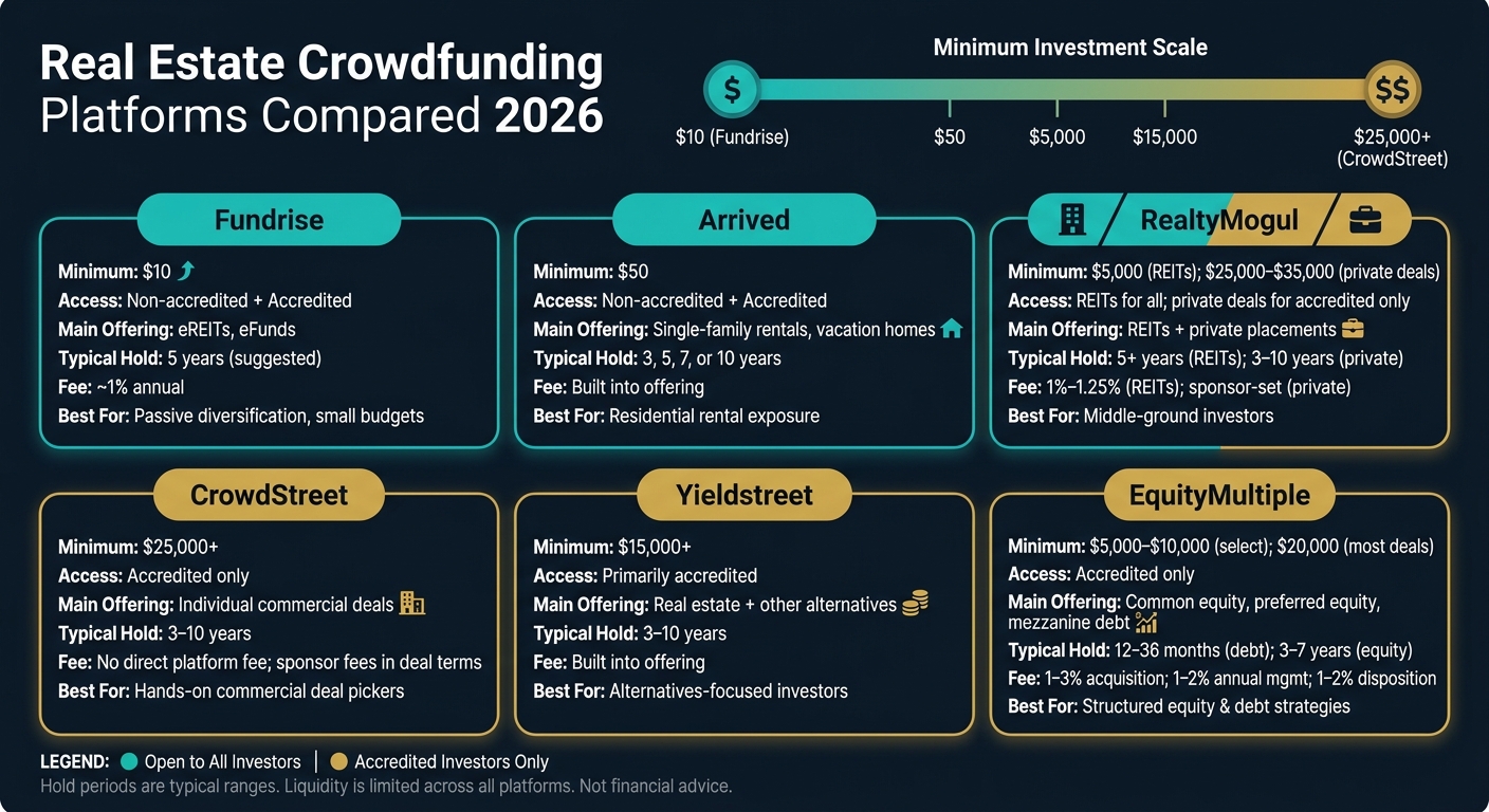 Real Estate Crowdfunding Platforms Compared 2026: Minimums, Access & Hold Periods