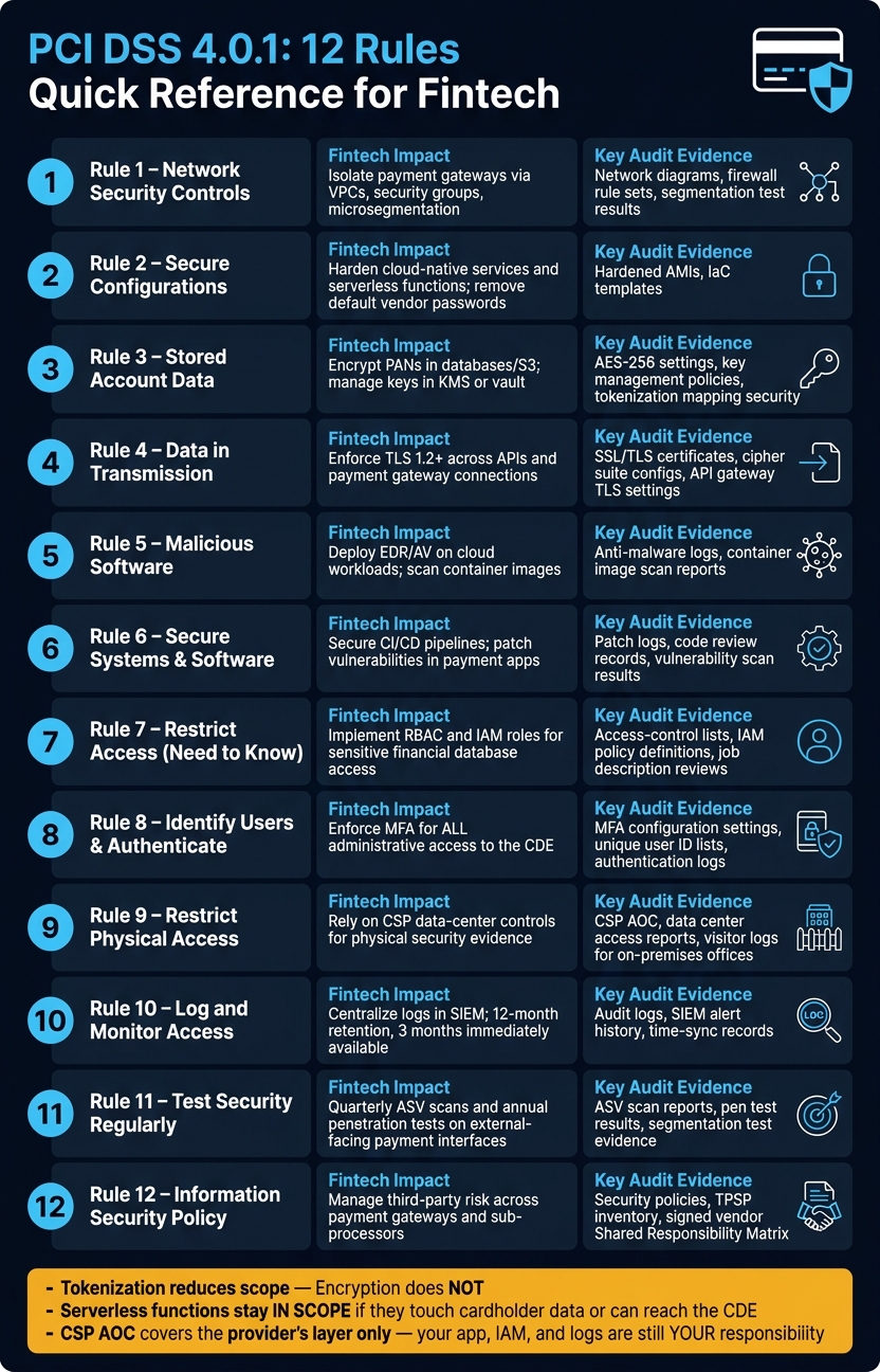 PCI DSS 4.0.1: 12 Rules Quick Reference for Fintech