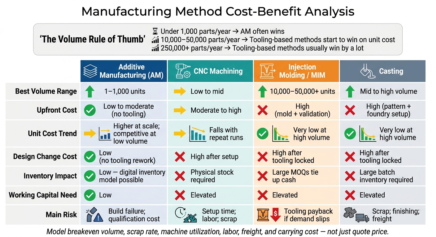 Additive Manufacturing vs. CNC vs. Injection Molding vs. Casting: Cost-Benefit Comparison