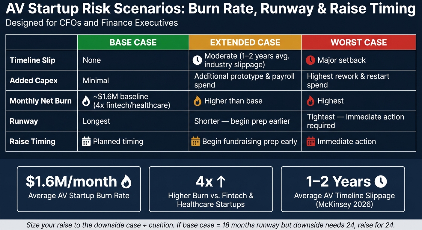 AV Startup Risk Scenarios: Burn Rate, Runway & Raise Timing
