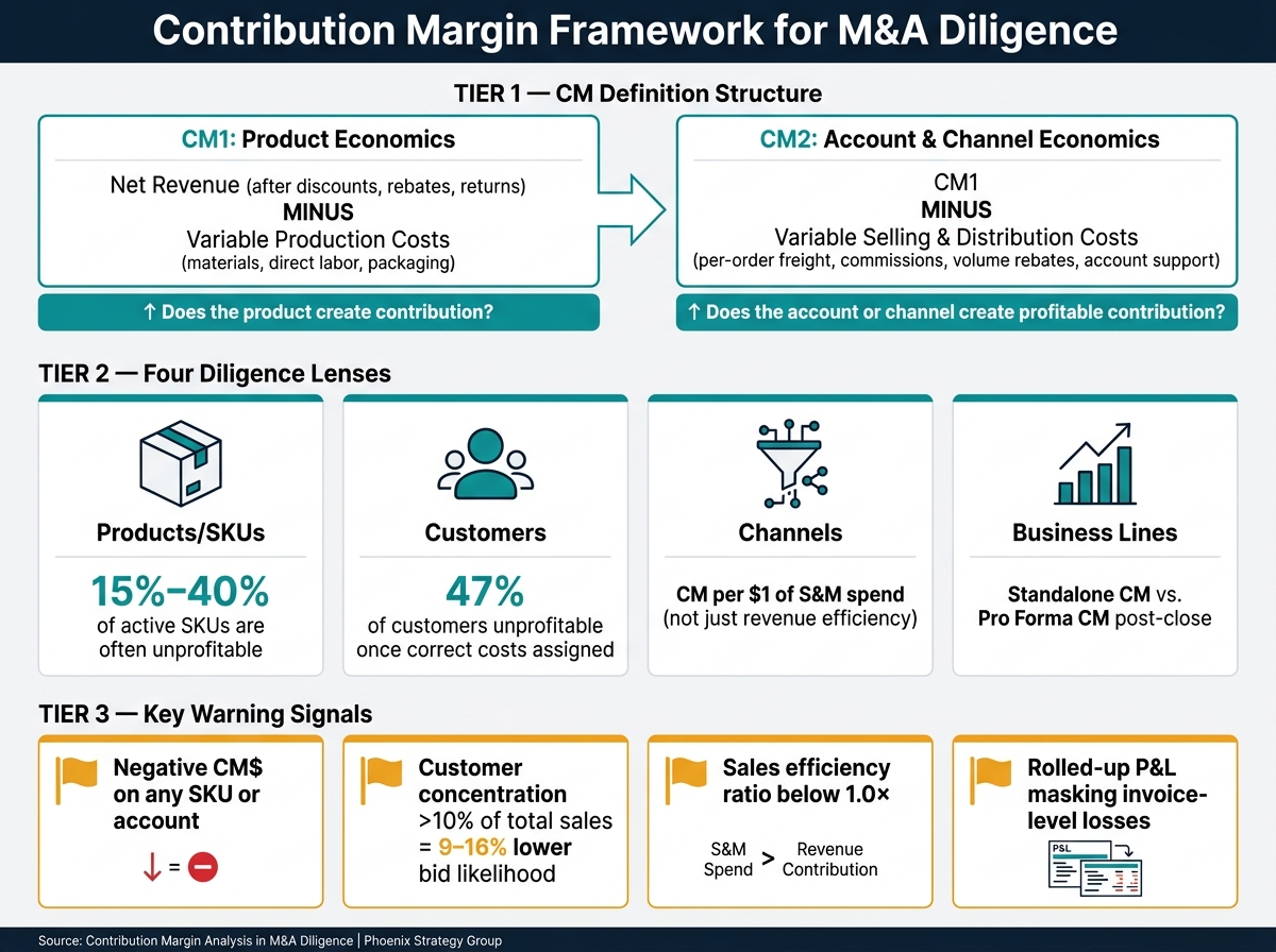 Contribution Margin Framework for M&A Diligence: CM1 vs CM2 by Product, Customer & Channel