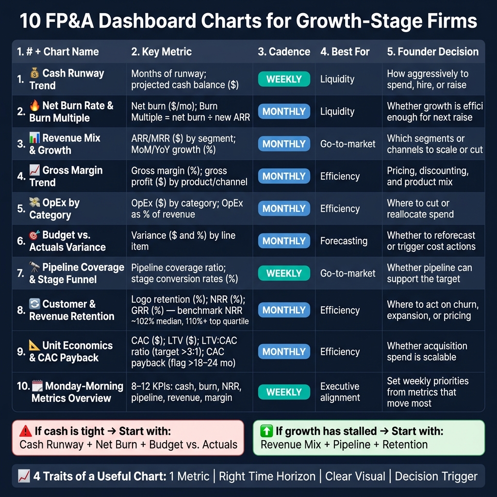 10 FP&A Dashboard Charts for Growth-Stage Firms: Quick Reference Guide