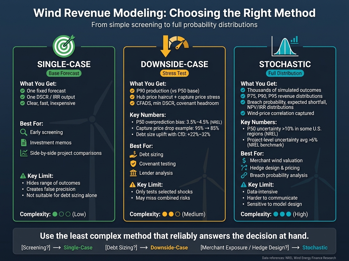 Wind Revenue Modeling Methods: Single-Case vs Downside vs Stochastic
