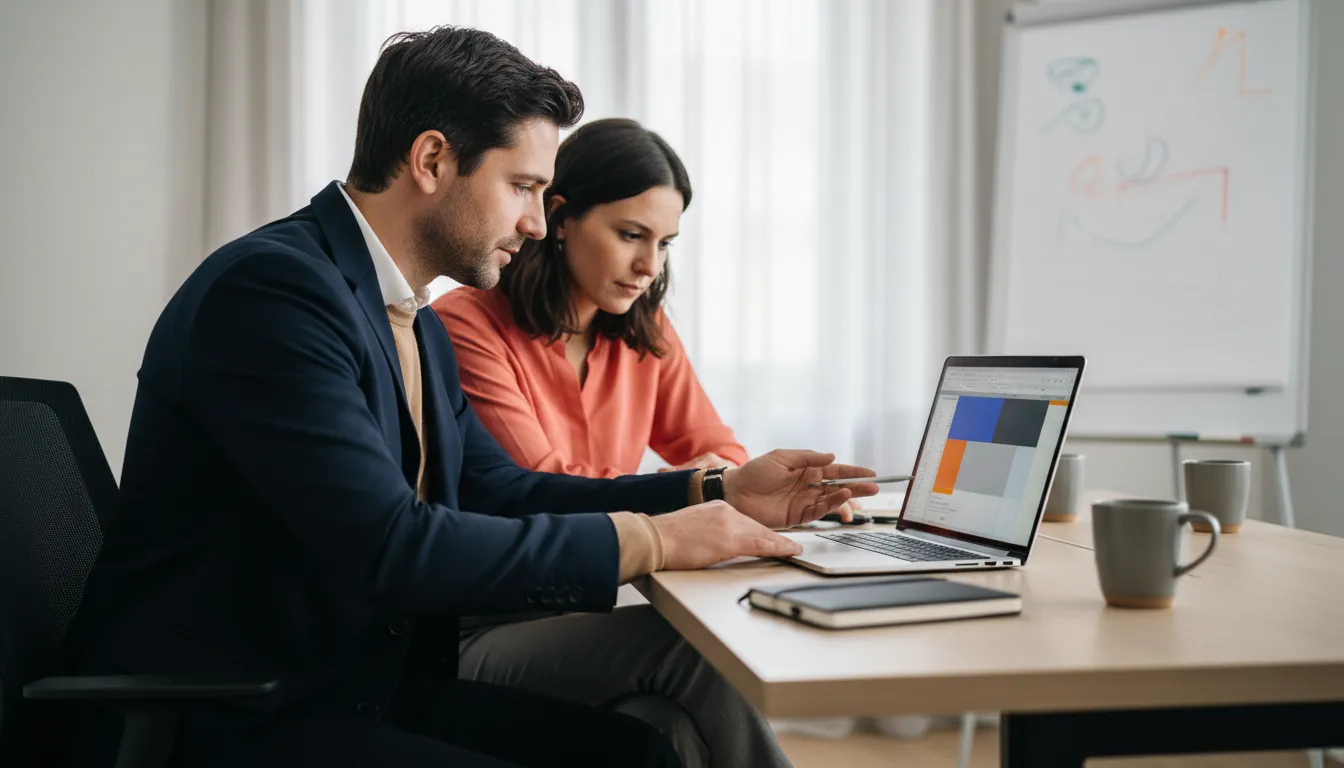 A fractional CFO and a startup founder sitting side by side at a laptop in a small office, reviewing a cash flow forecast spreadsheet together before a board meeting.
