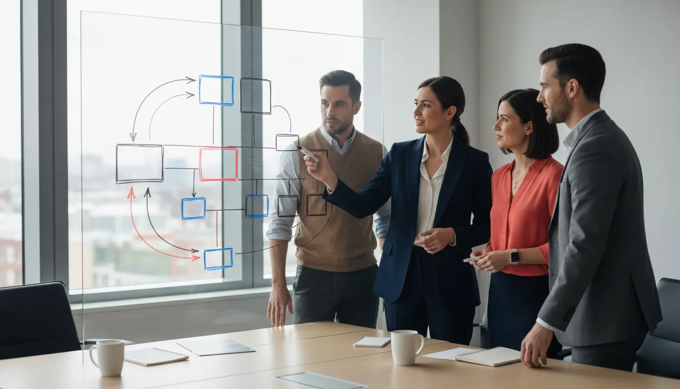 A founder and three department heads standing around a whiteboard covered in boxes and arrows, sketching out a company's leadership structure in a small conference room.