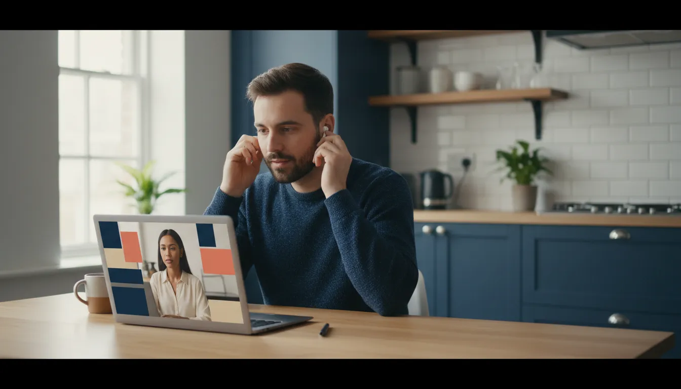 A founder sitting at a kitchen-table home office, video-calling a virtual CFO who is screen-sharing a cash flow dashboard with colorful charts on a laptop.