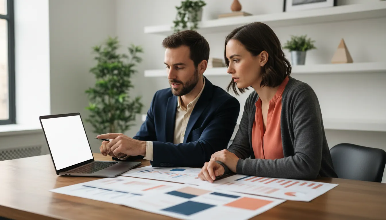 A founder and a bookkeeper sitting at a laptop in a small office, reviewing a simple financial dashboard with a balance sheet and income statement printed alongside it.
