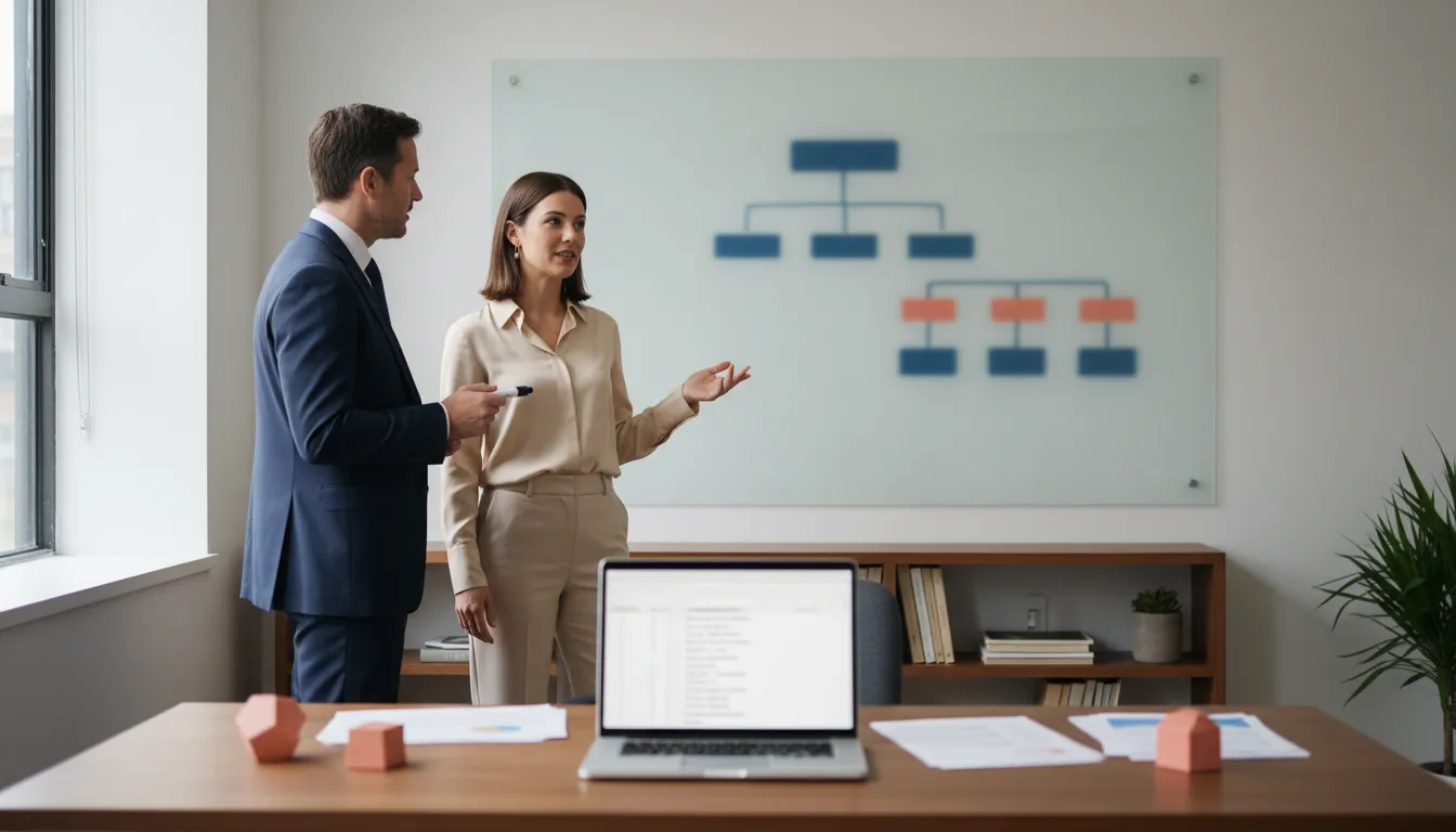 A CFO and a general manager standing at a whiteboard together in a small office, mapping out an org chart and a profitability bridge diagram while a laptop shows spreadsheet formulas.