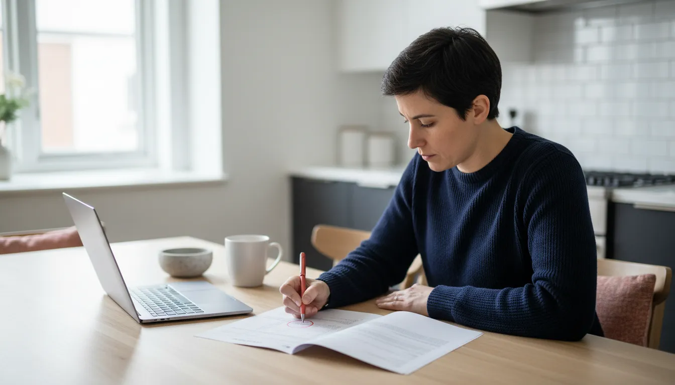 A founder sitting at a kitchen table with a laptop and a printed P&L, circling line items in pen while reviewing their company's financials before a business valuation conversation.