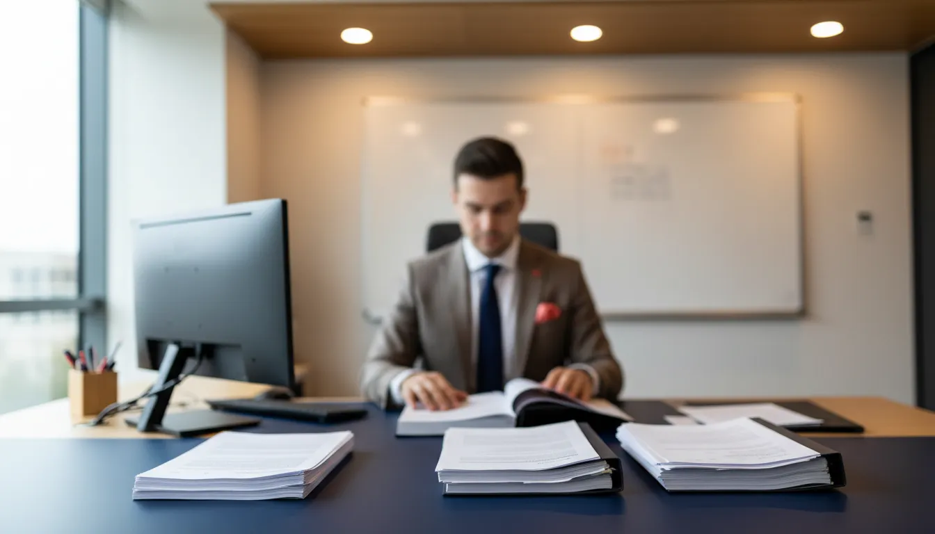A public-sector finance officer sitting at a cluttered desk in a government office, reviewing stacks of budget ledgers and tax reports under fluorescent light.