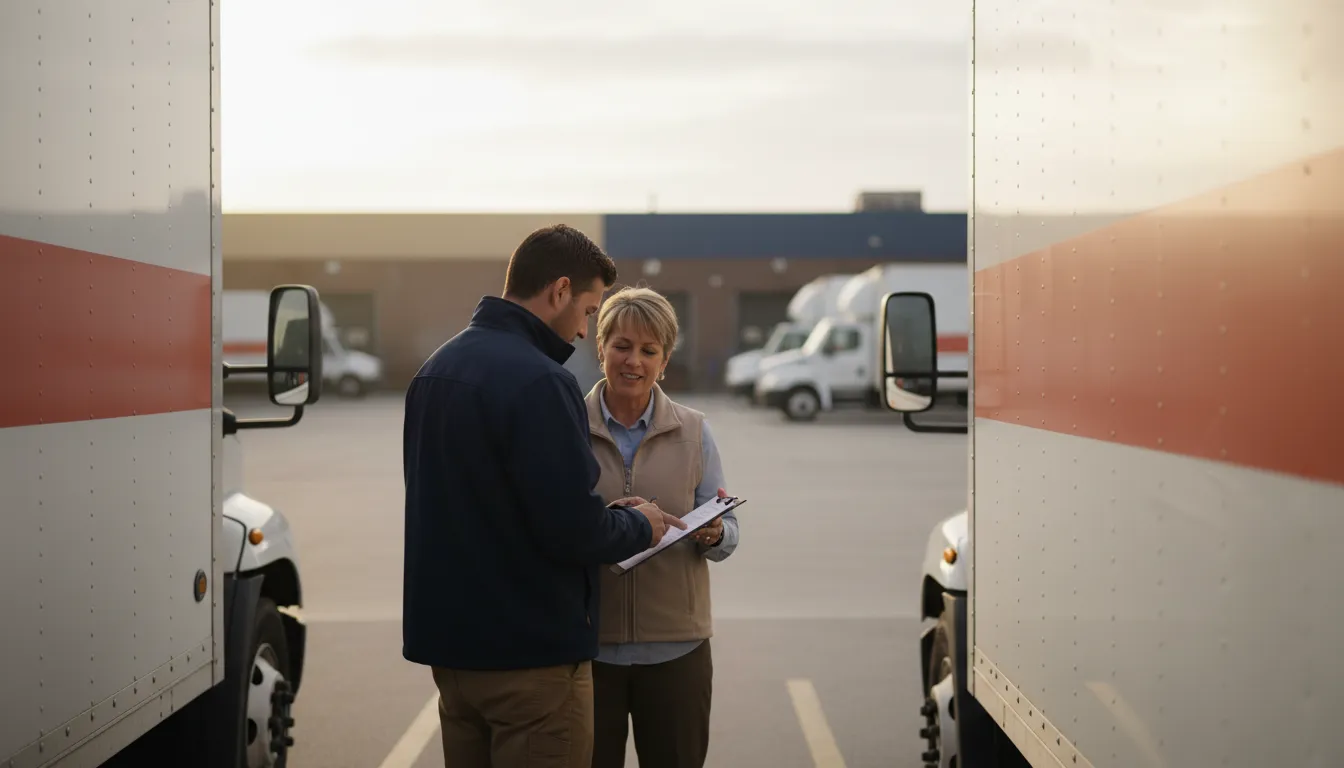 A new route owner standing beside a FedEx Ground truck in a depot parking lot at dawn, reviewing a clipboard of delivery stops with a dispatcher.