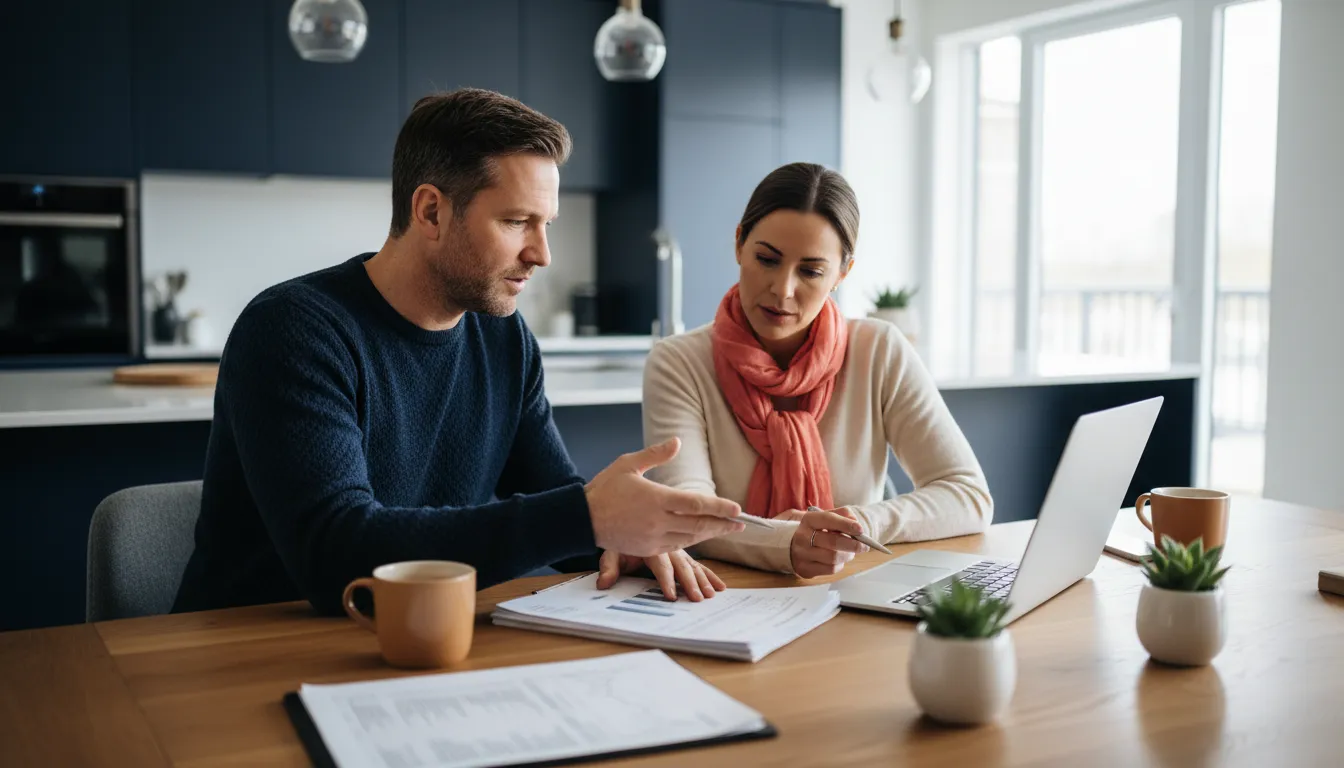 A prospective buyer and an accountant sitting at a kitchen table reviewing printed profit and loss statements and a laptop spreadsheet for a FedEx route business.