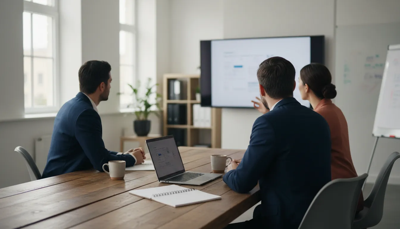 A small team of three people reviewing a KPI dashboard on a wall-mounted screen in an open office, with a laptop and coffee cups on the table, mid-discussion about customer metrics.
