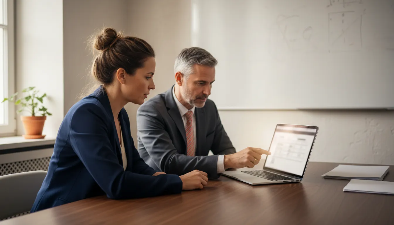 A founder sitting across a desk from a financial advisor, both looking at a laptop showing a size-and-multiple comparison table, in a small office with a whiteboard in the background.