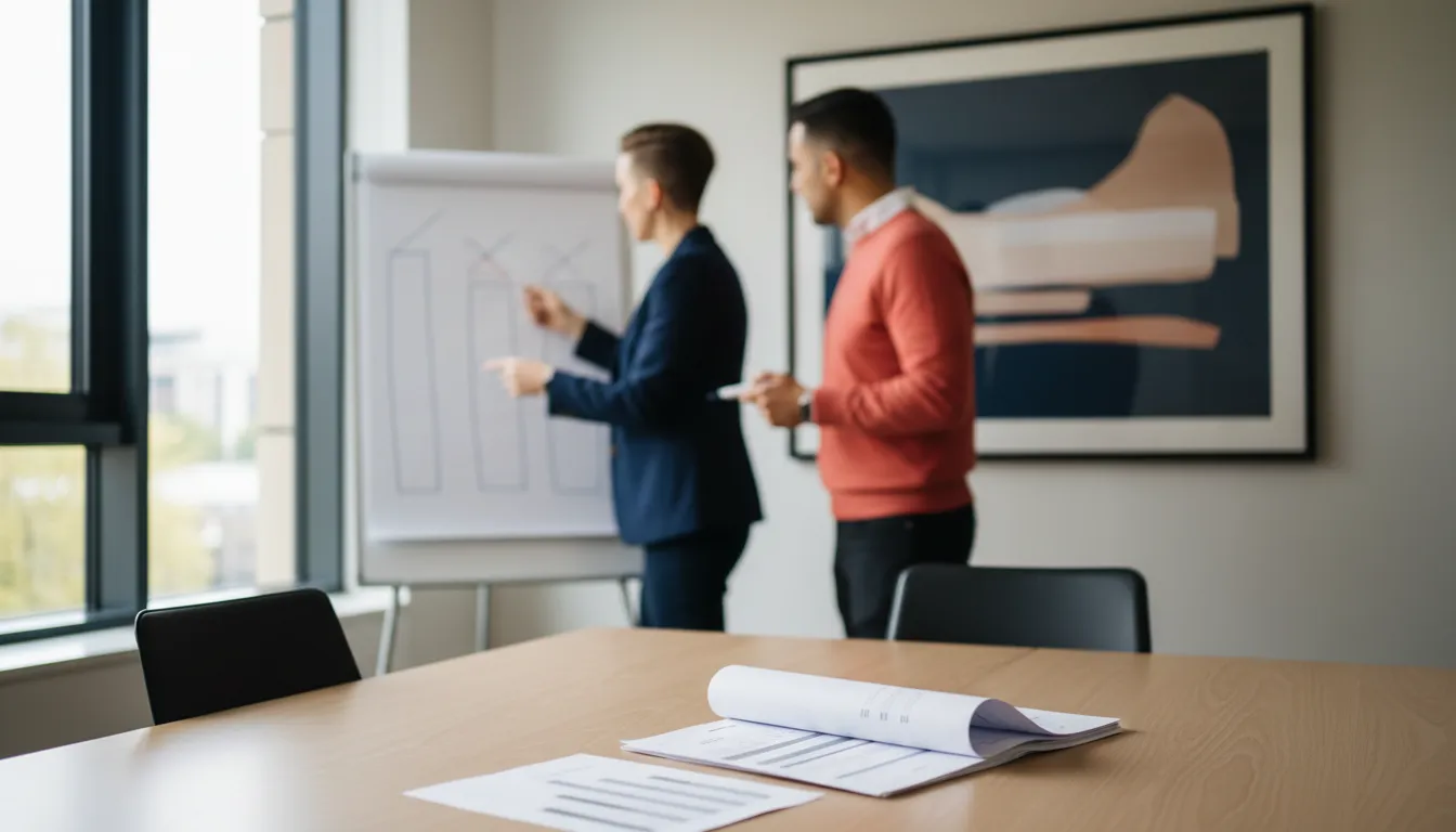 A CFO and founder standing at a whiteboard with three columns sketched out, comparing three different valuation numbers, in a small conference room with a printed financial statement on the table.