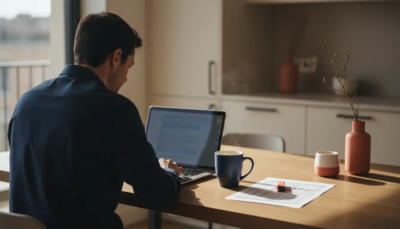 A founder sitting at a laptop at a kitchen table early in the morning, reviewing a printed income statement with a highlighter, coffee mug beside the keyboard.