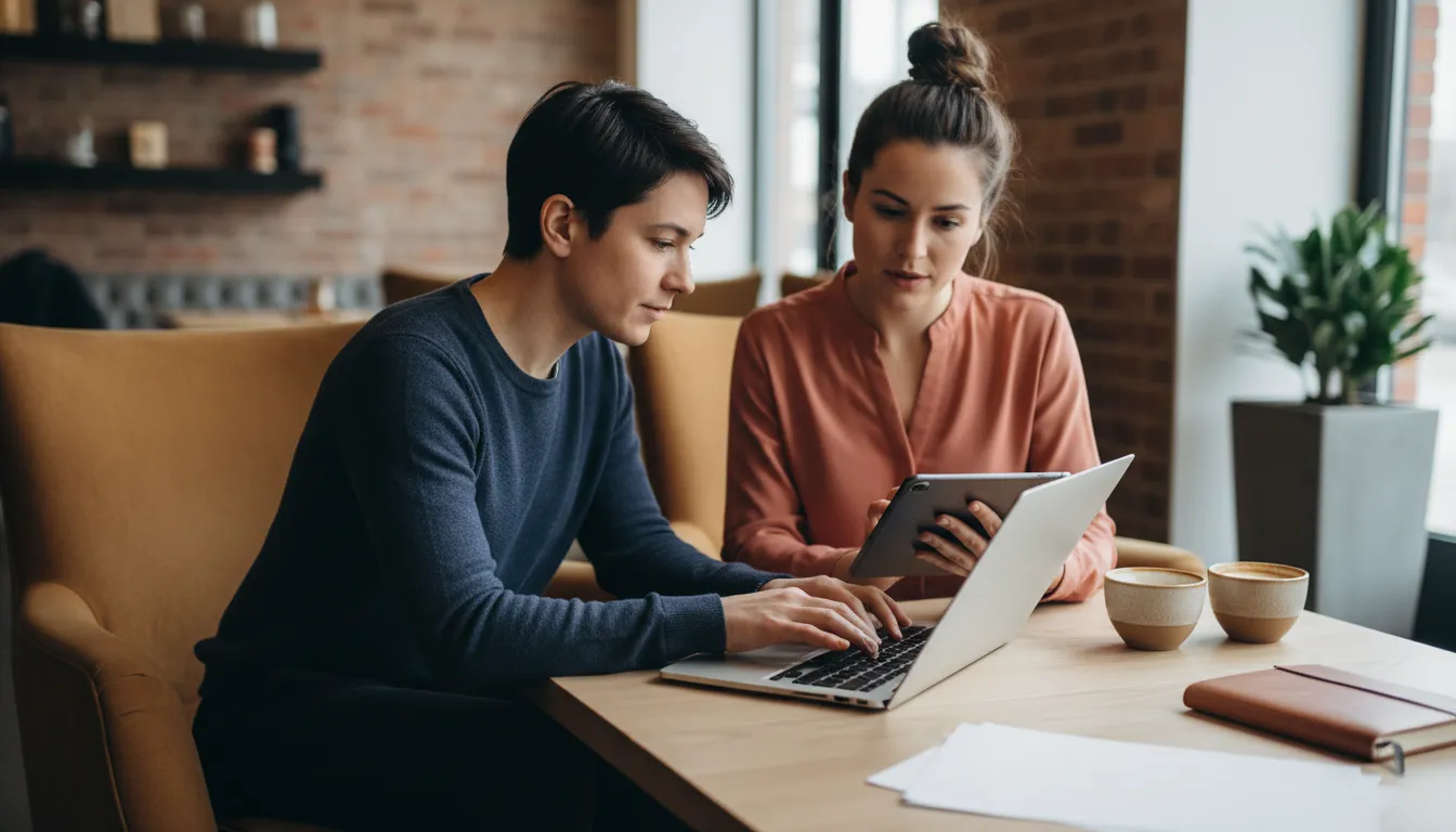 A small business owner checks accounting software on a laptop at a coffee shop table while their bookkeeper reviews the same numbers on a tablet nearby.