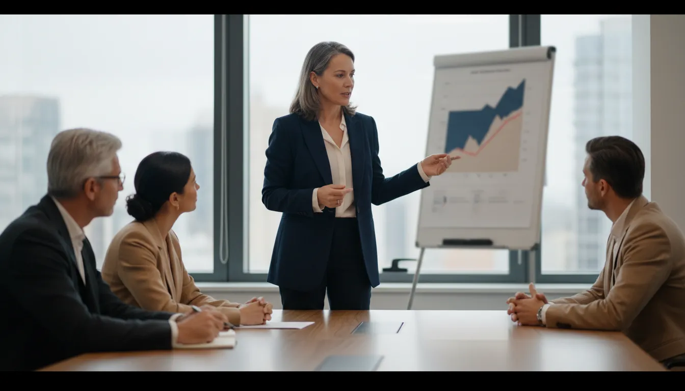 A CFO presenting a one-page capital utilization chart to a small group of fund investors around a conference table, pointing at a line showing intraday margin usage.
