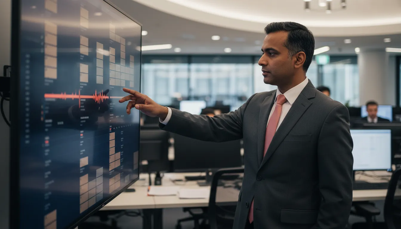 A risk officer standing in front of a wall-mounted monitor in a trading operations room, pointing at a dashboard showing position limits and a flashing alert on one line item.