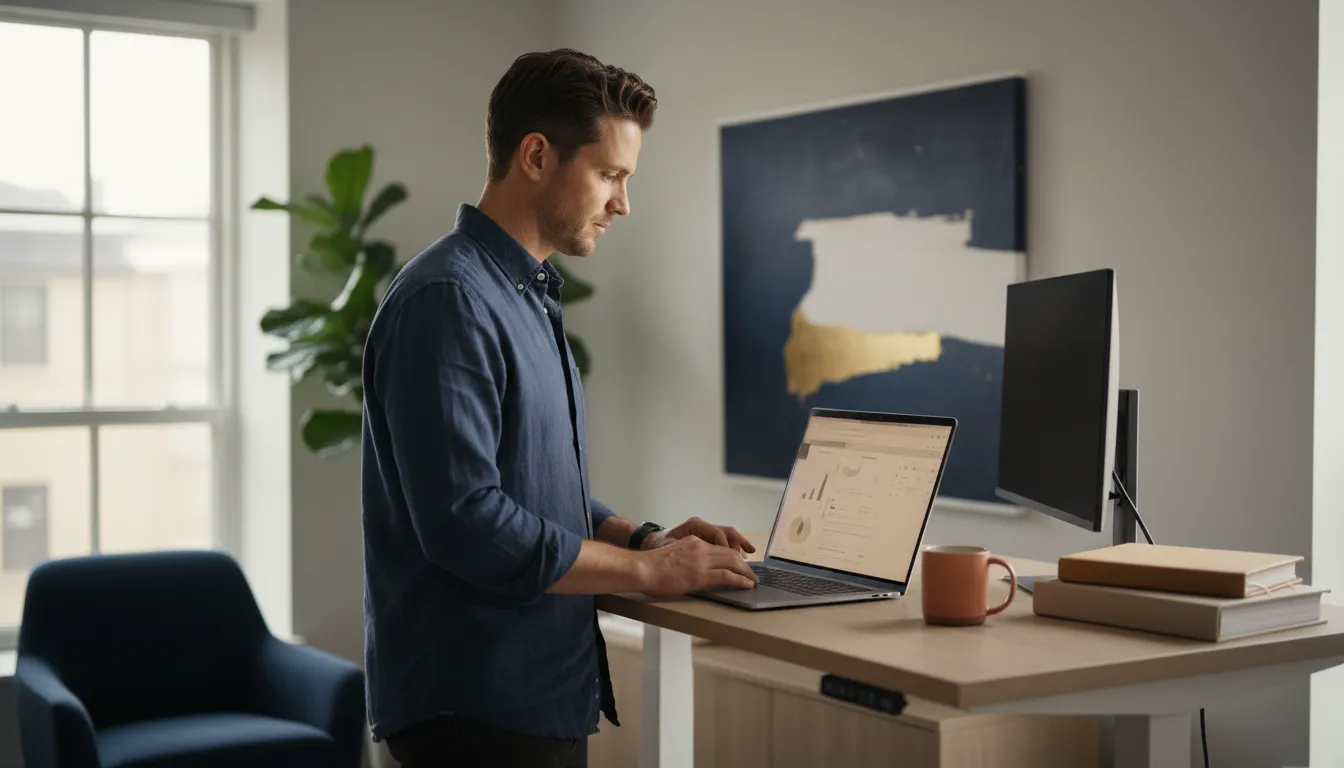 A founder at a standing desk reviewing a financial dashboard on a laptop, the screen showing a warm beige and slate color scheme, soft natural light in a home office.
