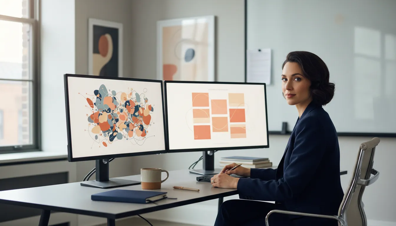 A CFO at a desk with two monitors side by side, one showing a cluttered rainbow revenue dashboard and the other showing a clean redesigned version, in a modern office.