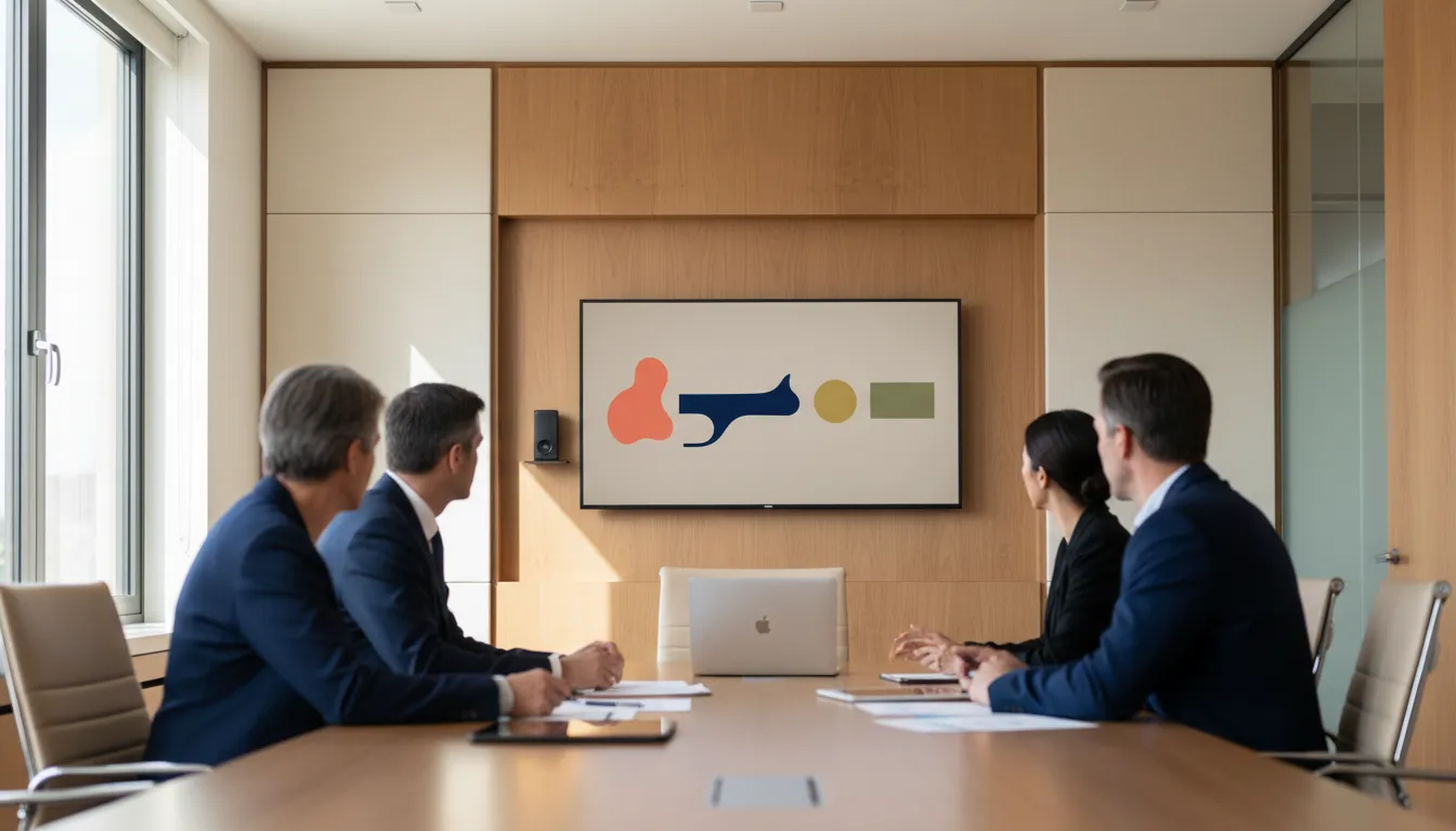 A small group gathered around a wall-mounted TV in a bright boardroom, looking at a financial dashboard with a warm neutral background and clear status colors.