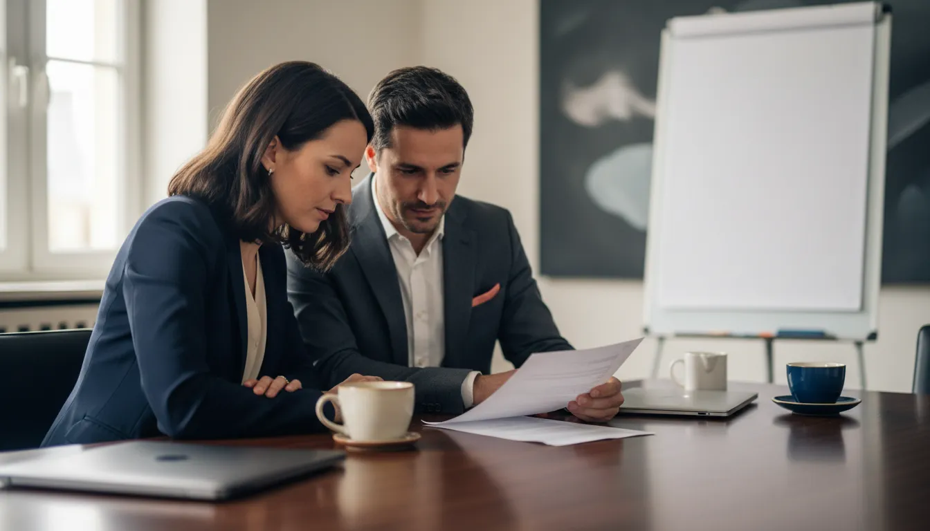 A CFO and a founder sitting side by side reviewing a one-page printed dashboard at a conference table before a board call, laptops closed, coffee cups nearby.