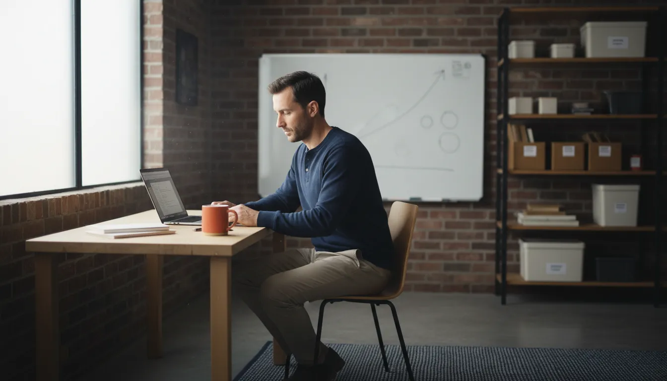 A founder at a small desk in a converted garage office, laptop open to a simple metrics spreadsheet, a coffee mug and a whiteboard with a growth chart sketched behind them.
