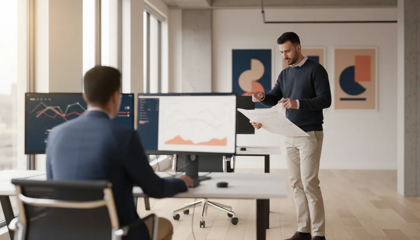 A small finance team of two people — one at a desk with two monitors comparing software dashboards, the other pointing at a printed spreadsheet — in a bright open-plan office with a startup's product posters on the wall.
