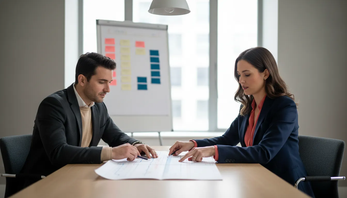 A founder and a corporate attorney sit across a conference table reviewing a printed timeline of deal milestones, with sticky notes marking due diligence deadlines on a whiteboard behind them.